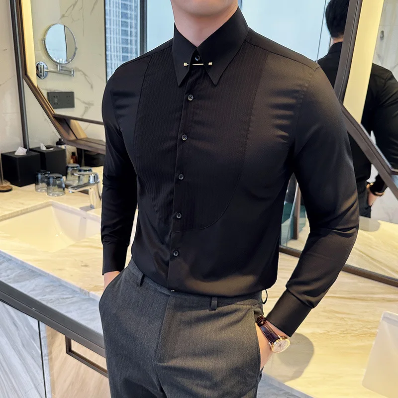 2023 autumn Pleated Metal Decorative Shirt Men Long Sleeve Casual Business Dress Shirts Social Party Tuxedo Blouse men clothing