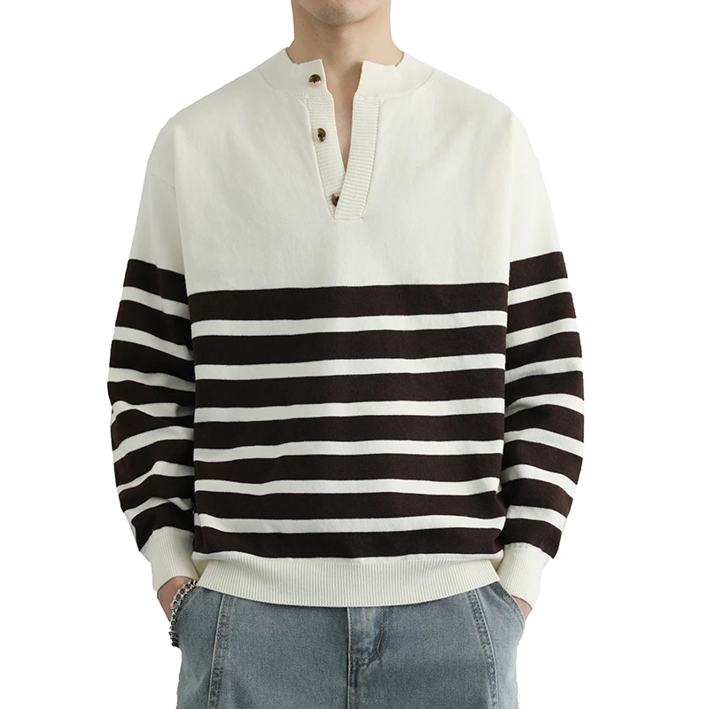 เสื้อสเวตเตอร์ผู้ชาย คอวี ลายทาง แขนยาว ถักแบบเรียบ ทรงเข้ารูป ผ้าขนสัตว์ผสม ยืดหยุ่นเล็กน้อย สไตล์วินเทจ รุ่นใหม่ ปี 2025