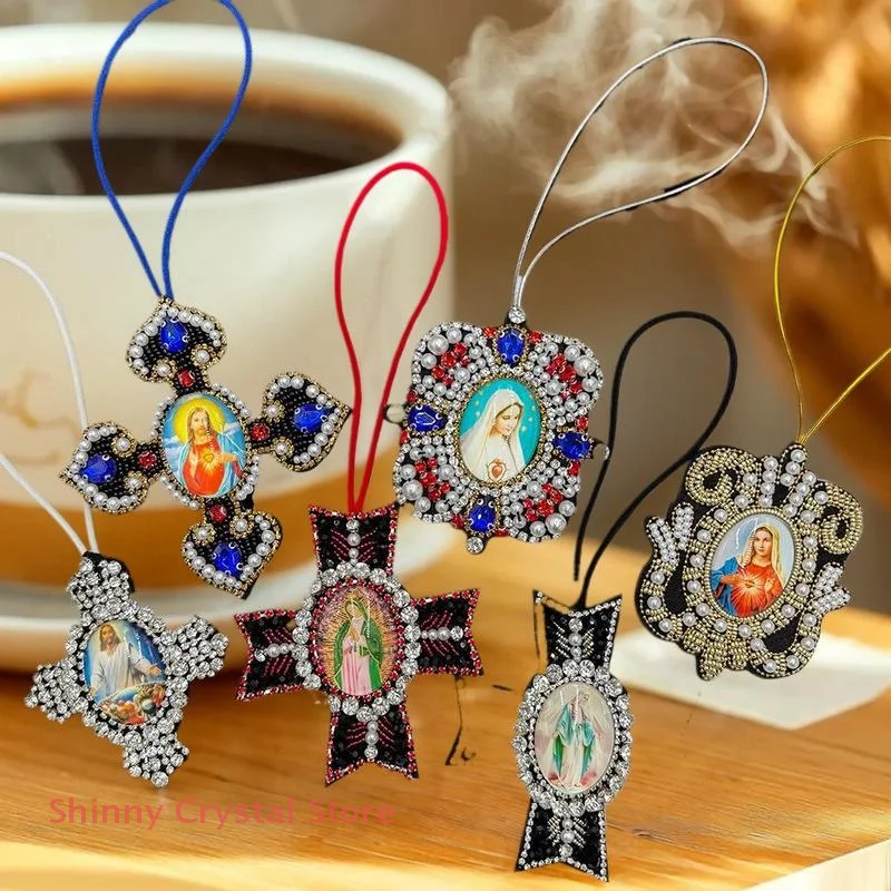 3D Glass Pendant Our Lady Mary Lanyard Accessories Bag Decoration Lanyard Beading Rhinestone Car Hanging Applique Decoration