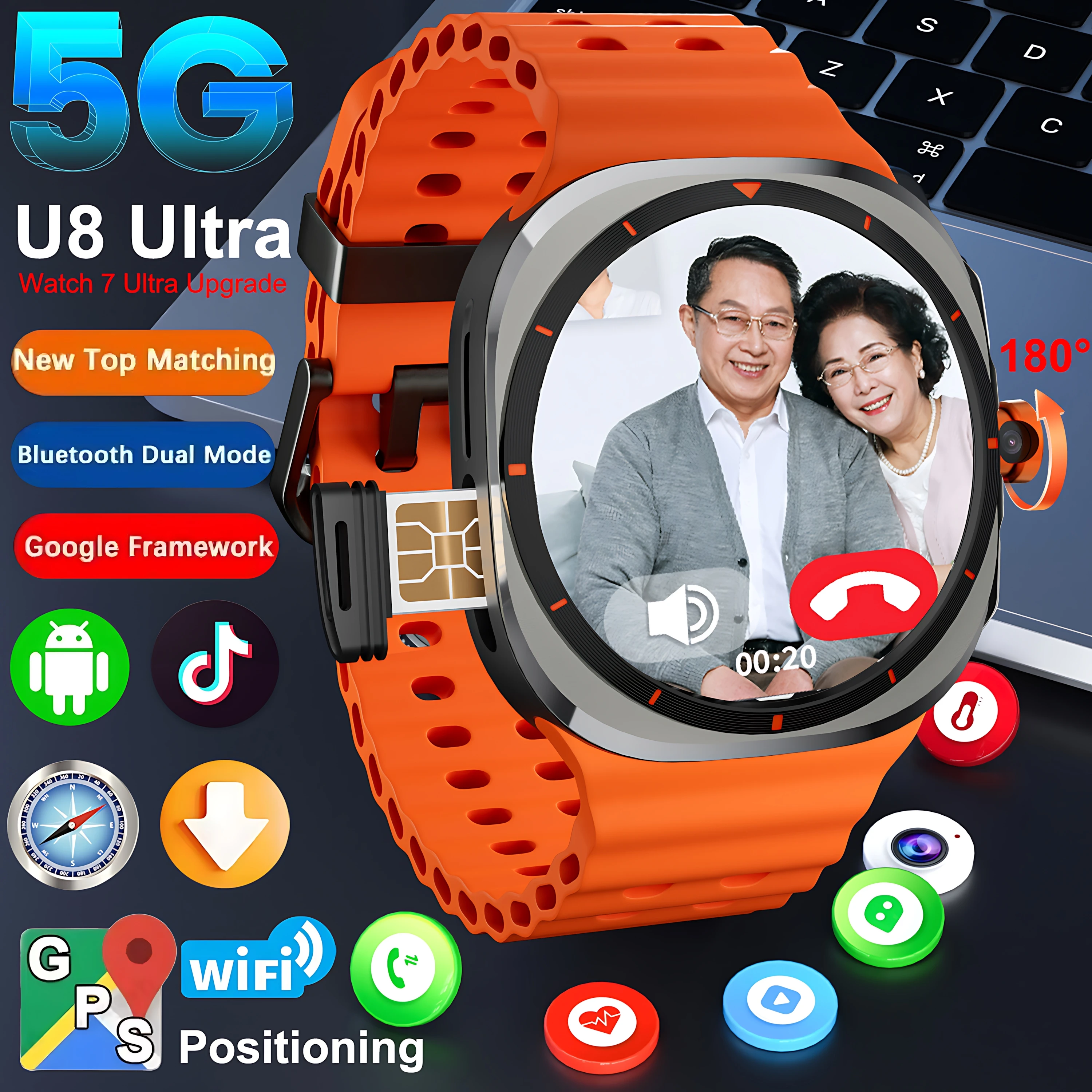 

2025 U8 Ultra AMOLED Android 9.0 Smart Watch Men Women For Phone Watch 7 Ultra 4G 5G SIM Card WiFi GPS NFC Camera Sport Watches