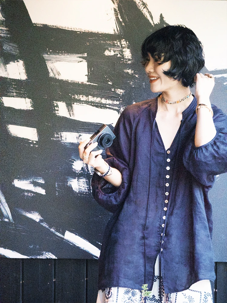 

Buue Sea ell 2025 Summer Artistic Lazy Feeling Women's Linen Thin irt Elegance Aosphere Pure Color Long Sve round ...