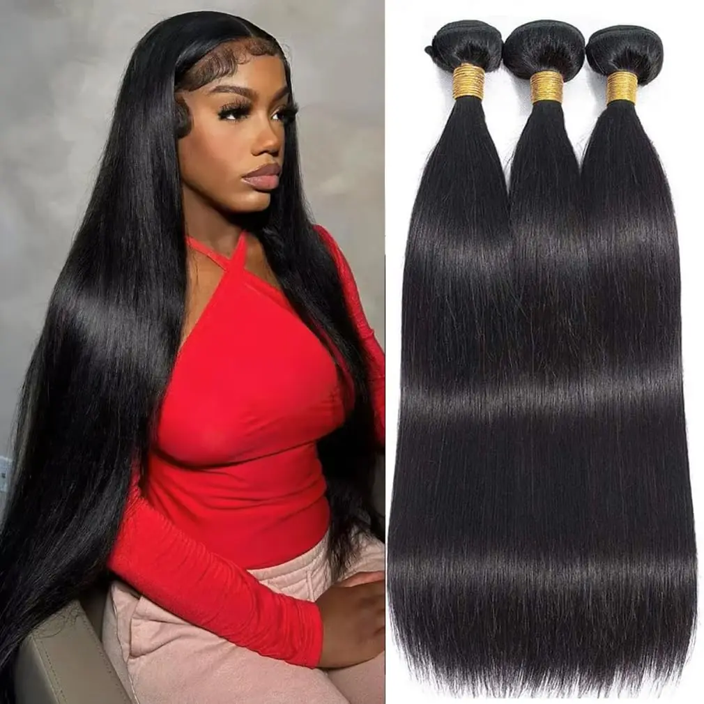 Extensiones de Cabello Humano Liso Natural, Cabello Remy Virgen Sin Procesar, 1, 3 o 4 Paquetes, Cabello Brasileño con Doble Trama