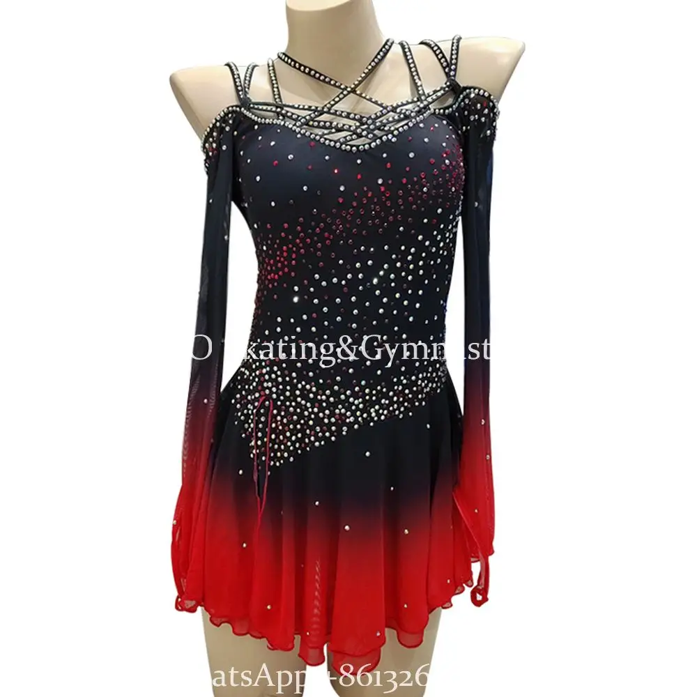 Ice Figure Skating Dress Girls\' Women Back Stripes Long Sleeves Rhythmic Gymnastics Dancewear Handmade Dancewear Competition