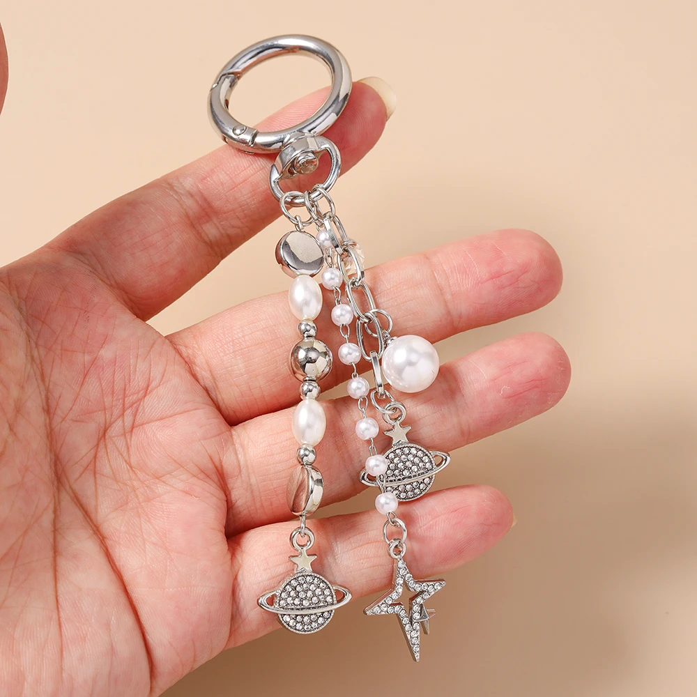 Aihua Niedlicher Kristall-Stern Schlüsselanhänger Perlen-Eiffelturm Schlüsselring Anhänger für Frauen Mädchen Handtaschen-Deko Charms DIY Schmuck – Detail 4