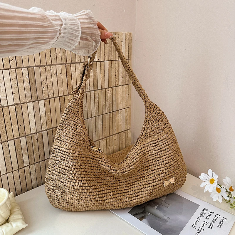 

Новая повседневная соломенная сумка через плечо 2026 года, однотонная, большой вместимости, популярная летняя пляжная сумка-кроссбоди для женщин