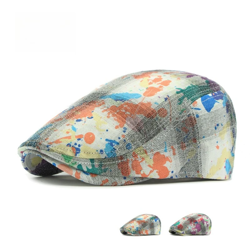 1pc Vintage Splash Ink Print Cap British Ivy Newsboy Cap Adjustable Metal Buckle Light Beret Hat for Men Women Summer Streetwear