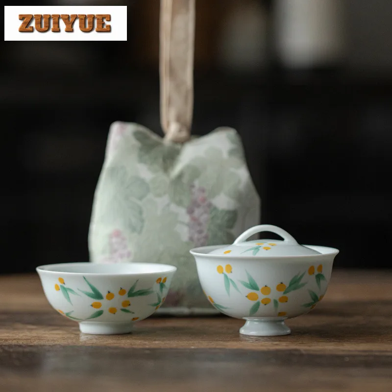 125ml Jade Mud Misty Blue Cover Bowl Hand-painted Loquat Gaiwan Elegant High-feet Tea Tureen Tea Maker Tea Ceremony Ornaments