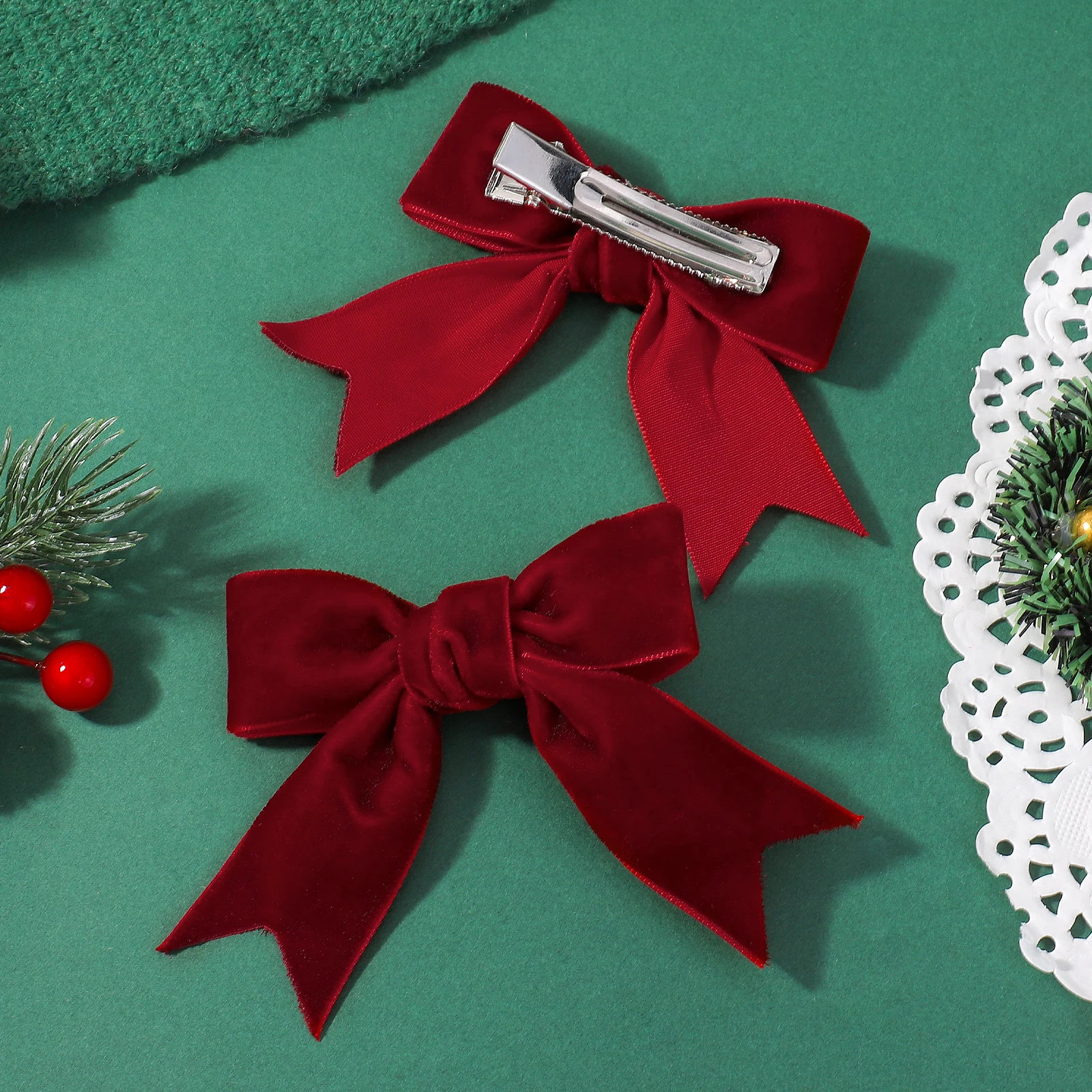 2 قطعة عيد الميلاد المخملية الشريط الانحناء مقاطع الشعر للطفل الفتيات الرجعية الأحمر الأخضر اليدوية دبوس الشعر أغطية الرأس السنة الجديدة إكسسوارات الشعر #5