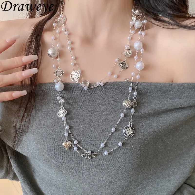 

Draweye жемчуг и стразы, ожерелья для женщин, многослойные элегантные ювелирные изделия с цветами, корейские модные винтажные ошейники Para Mujer