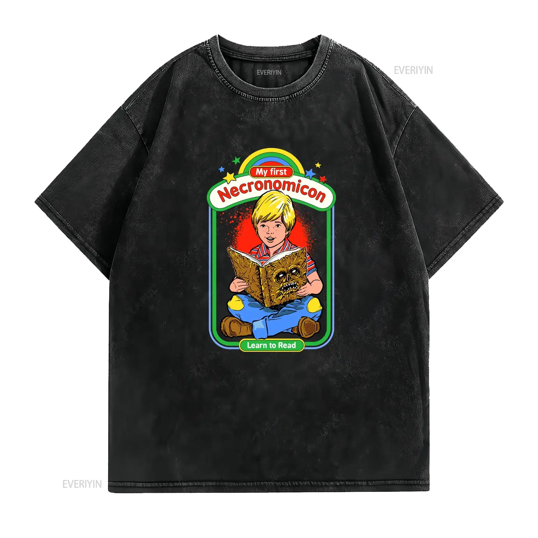 Retro Funny Horror Necronomicon Learn To Read Cartoon Print Casual T Shirt vintage Washed Breathable streetwear Unisex