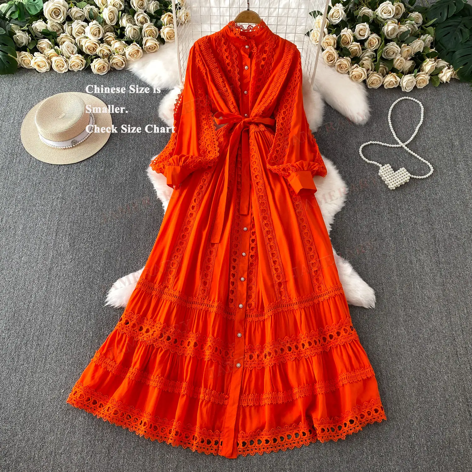 Renda retalhos suporte oco para fora manga longa maxi vestido camisa feminina outono inverno único breasted bordado vestidos de noite