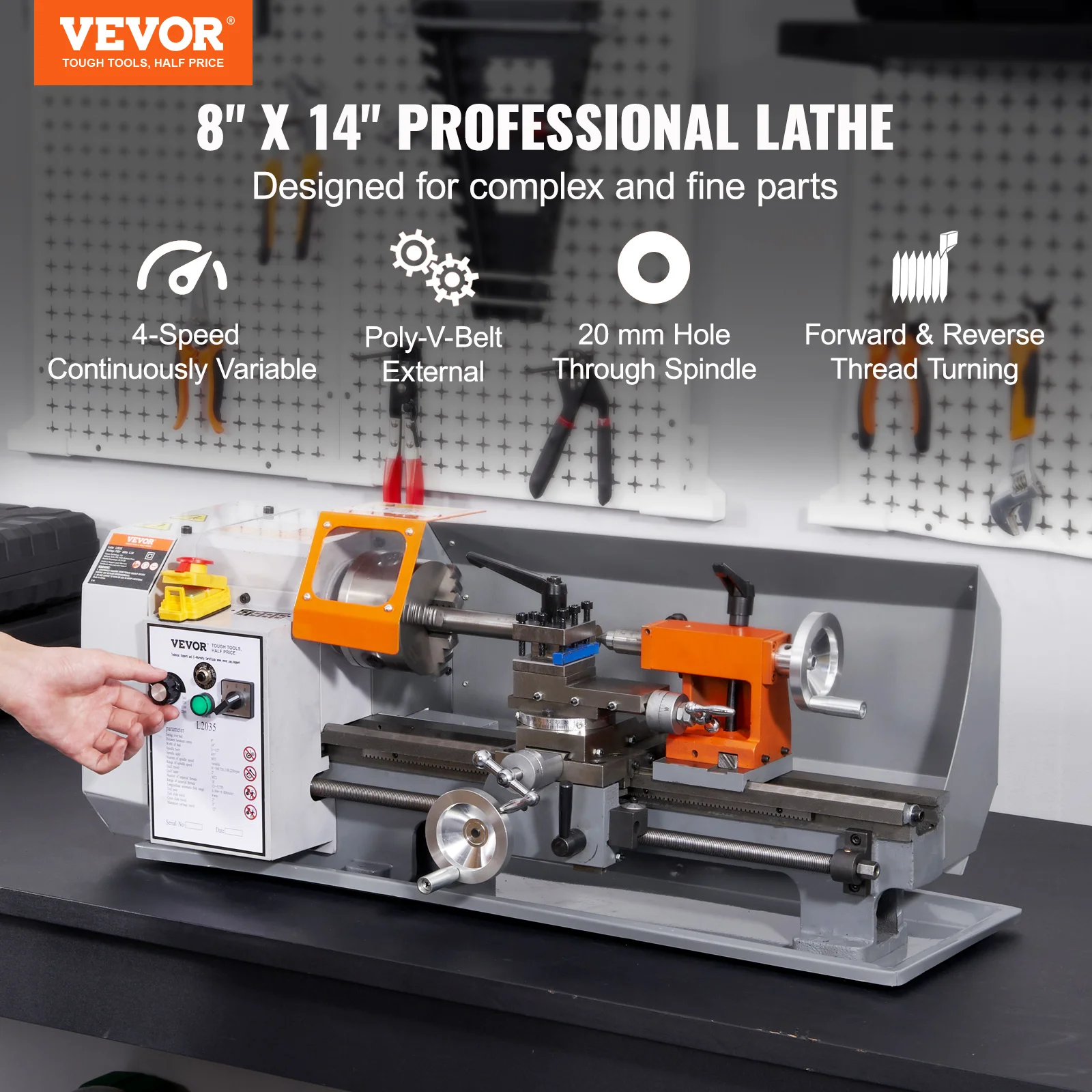 VEVOR Metal Lathe Machine 7.87\'\'x13.78\'\' 50-2500RPM Continuously Variable Speed 600W with Tool Box for Processing Precision Work