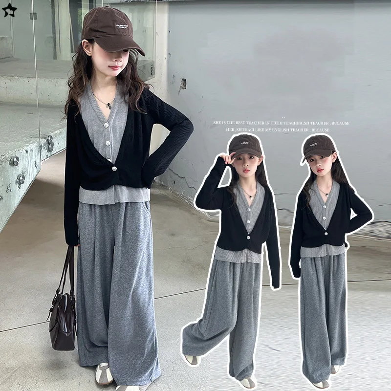 

Korean Autumn Children Girls Outfit V-neck Fake Two-piece Top+Loose Pant 4-14Y Girls Sets Comfortable Kids Girls 2pcs Suits