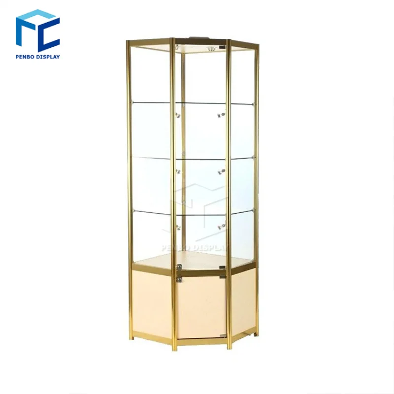 

2025customized.Hexagon Rotating Display Showcase with Lights, Revolving Glass Cabinet Shop Display