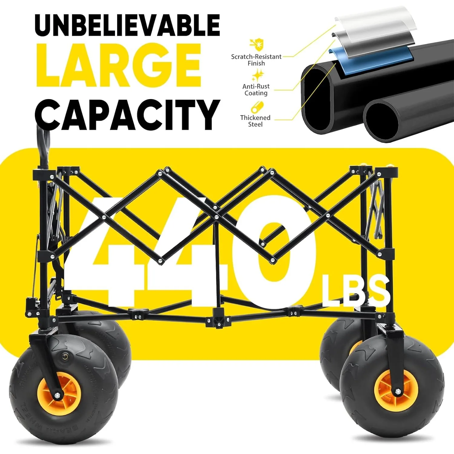 عربة الشاطئ Duty Beach مع عجلات كبيرة مقاومة للرمل مقاس 9 بوصات - سعة 440 رطل، عربة قابلة للطي كبيرة الحجم سعة 200 لتر |   مقبض قابل للتعديل