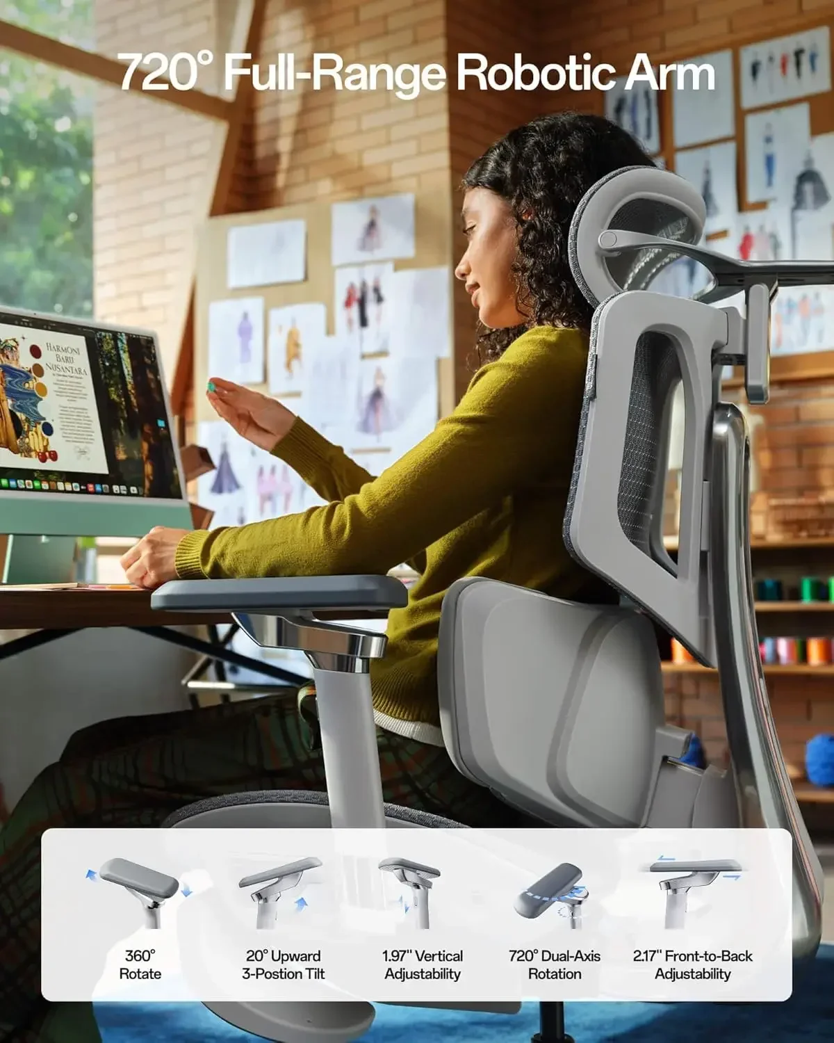 Hbada X7 with Fully Automated Lumbar Tracking 4D Headrest 720° Adjustable Armrests Swivel Grey Smart Ergonomic Office Chair