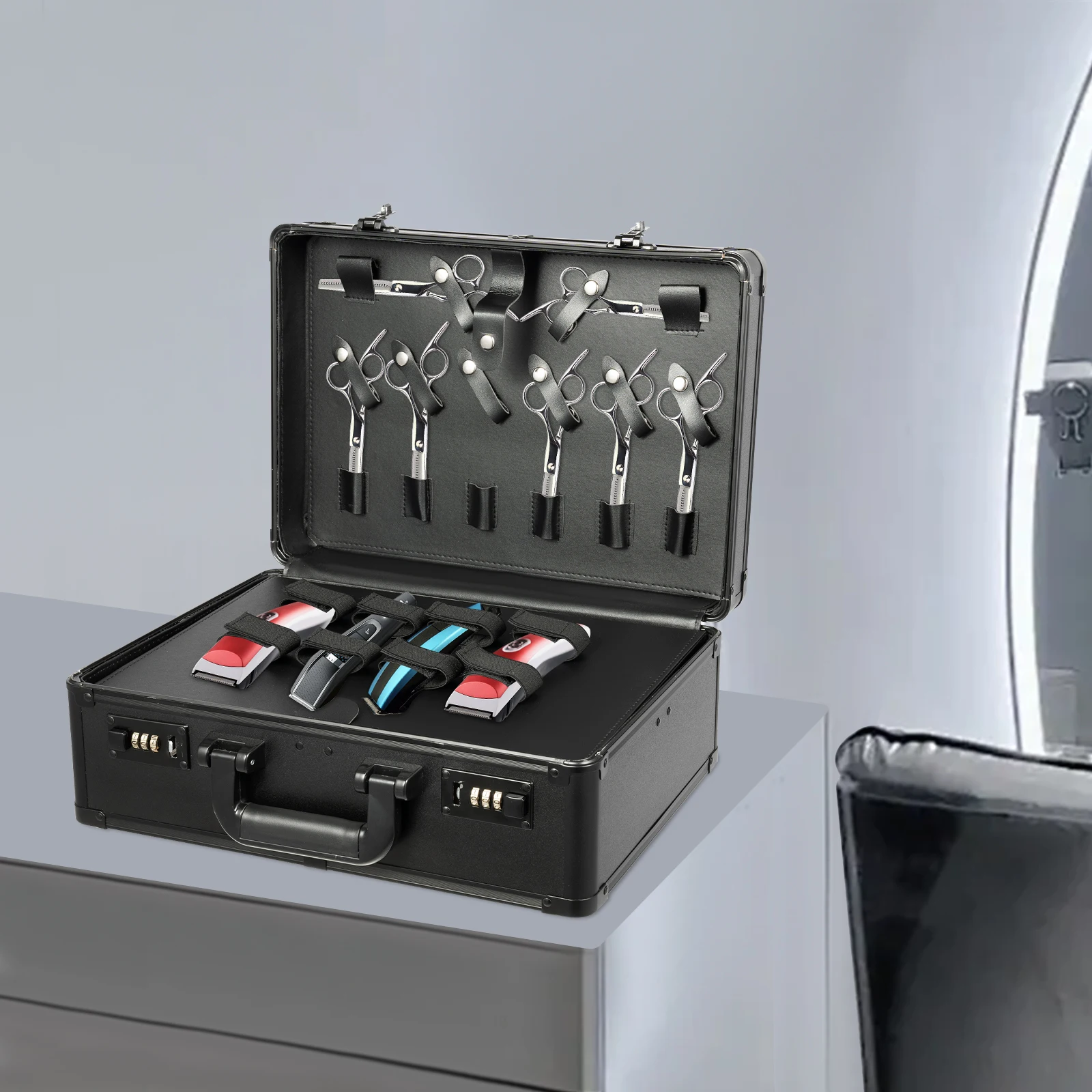 黒色理髪ツールボックス、理髪ツールボックス、サロン用大容量プロ用ヘアキットオーガナイザー収納ディスプレイボックス