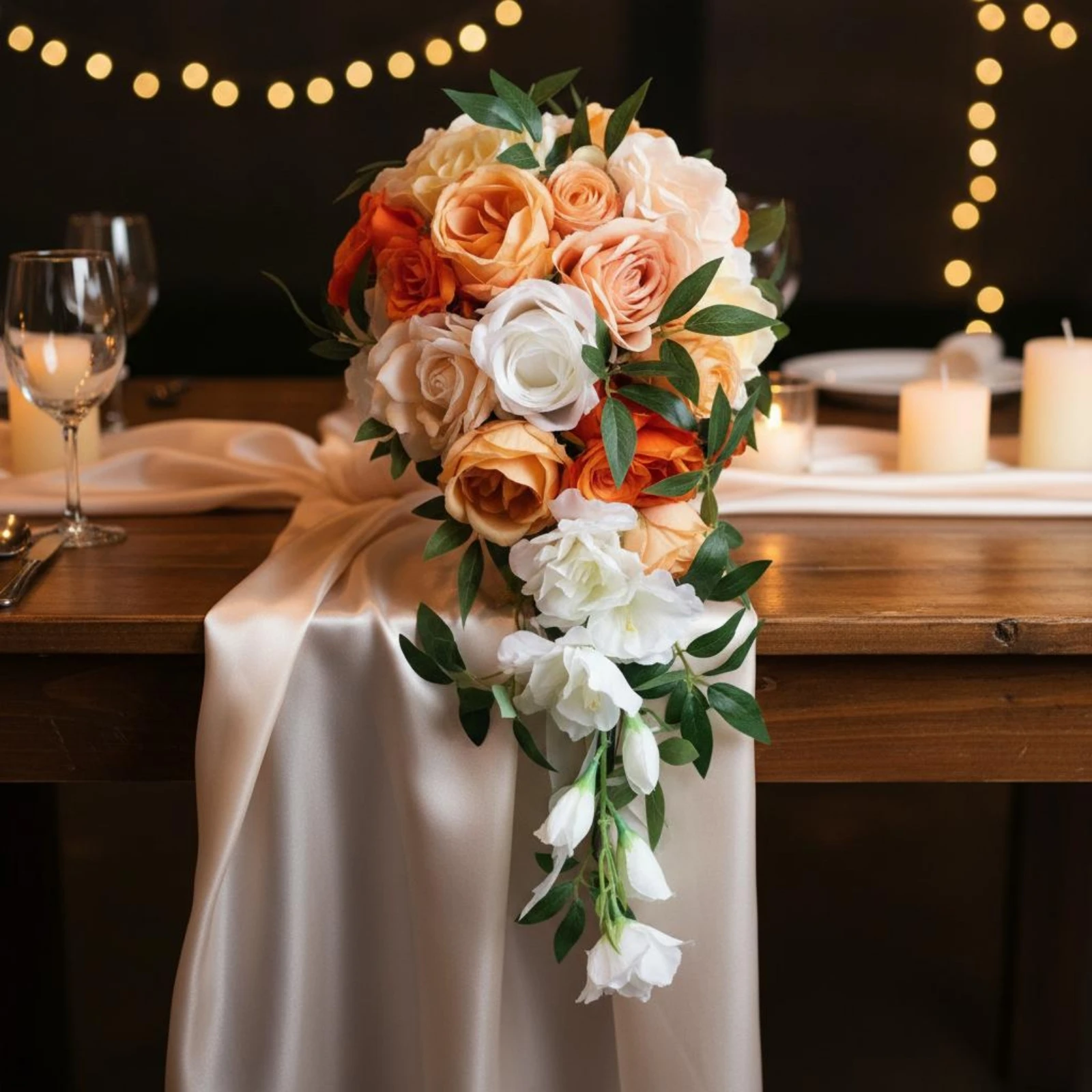 Waterfall Floral Arrangement Long Trailing Design Cascade Bridal Floral Arrangement Event Decor Ribbon Wrapped Handle Rustic