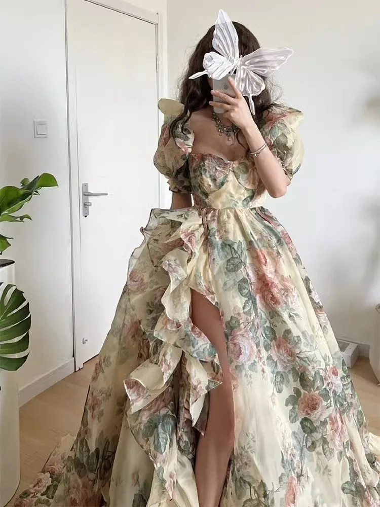  Rose Wedding Dr Women's Bright Yellow Bot Long Dr Holiday Beach Casual High Waist Print Skirt Summer Dr