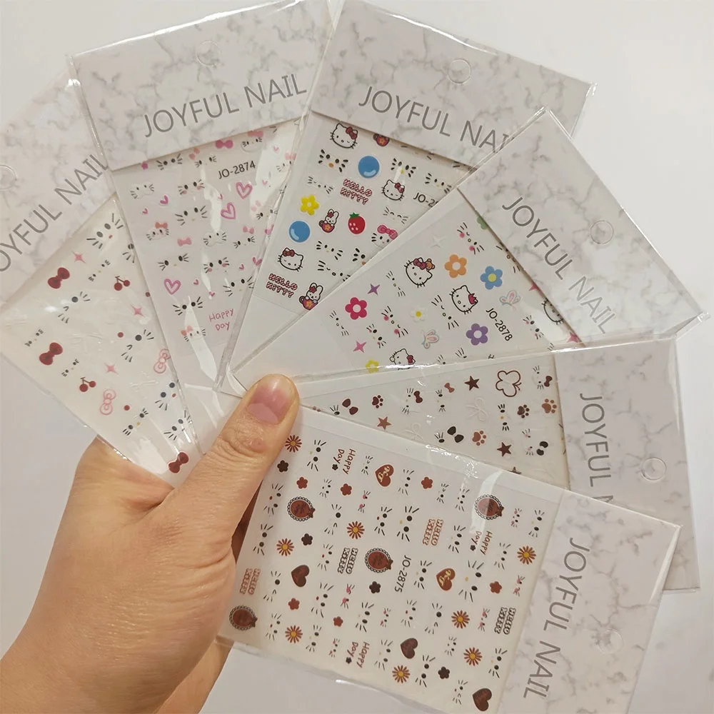Autocollants pour ongles dessin animé 3D Hello Kitty, 1 pièce, Kawaii KT, nœud de chat, cœur, fleur, décalcomanies adhésives, visage de chat, fraises, curseurs de manucure