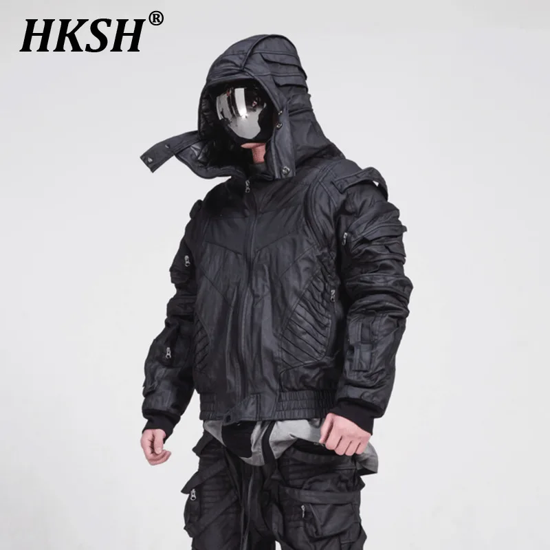 HKSH Autumn Winter New Men\'s Tide Dark Waste Land Deconstruct Waxed Surface Cotton Padded 3D Pockets Folded Hooded Jacket HK2759