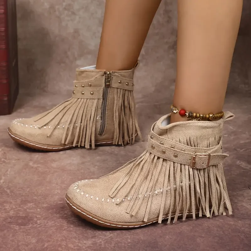 

Luxury Vintage Women Boots Retro 2025 New Comfortable Ankle Boots Fringe Winter Casual Round Toe Shoes Ladies Zapatos De Mujer