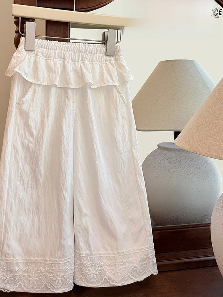 Girls White Lace Trim Wide Leg Pants Summer New Korean Style Sweet Casual Pants Two Piece Look High Waist Loose Fit Commute
