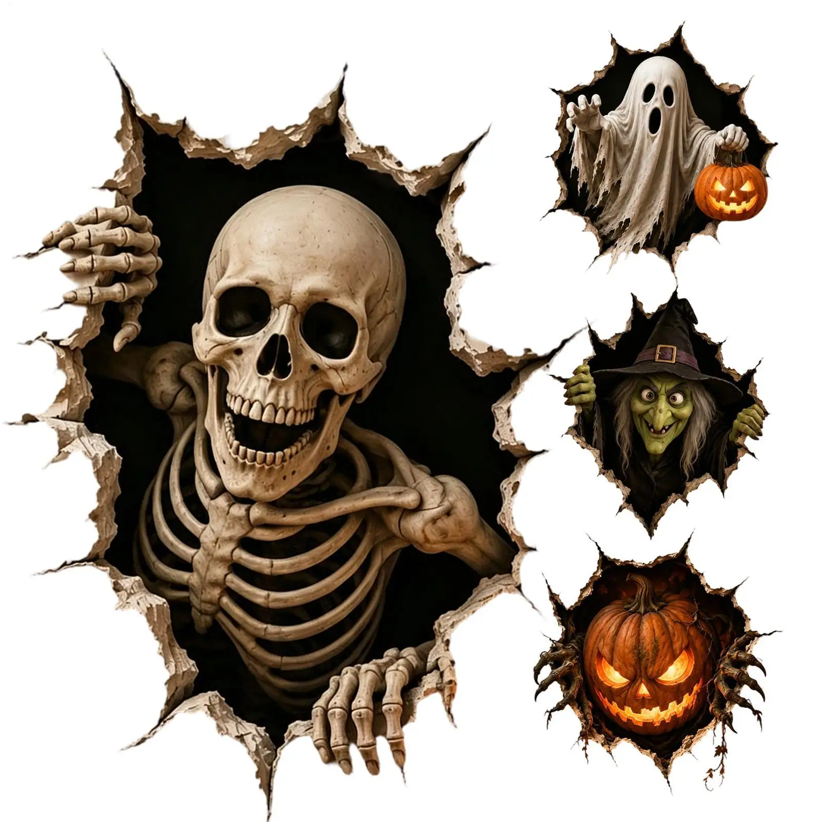 3D Visual Halloween Horror Wall Sticker Spooky Halloween Breaking Through Wall Horror Decals For Kitchen Haunted House Bar