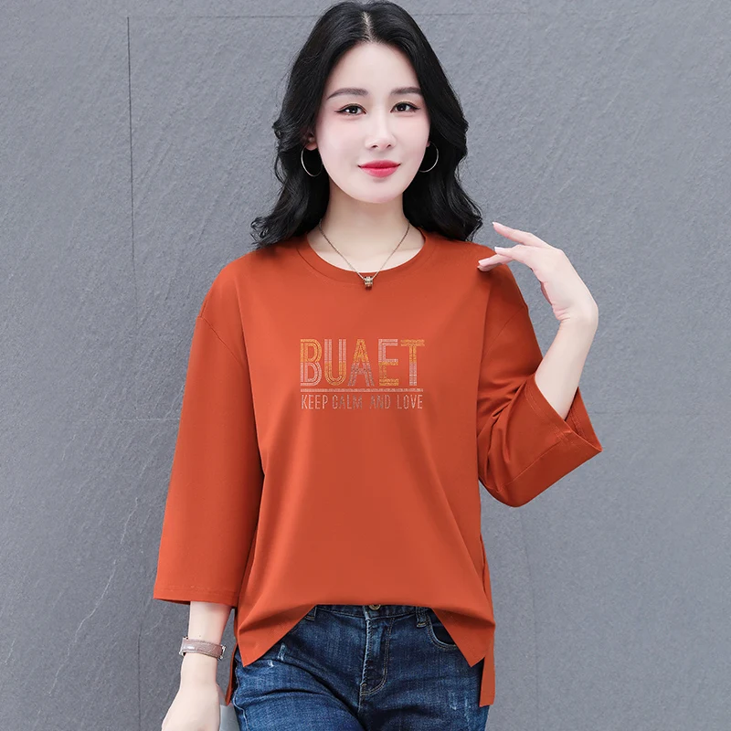 

2025 new large-size middle-aged women's pure cotton three-quarter sleeve T-shirt spring and summer loose casual versatile top