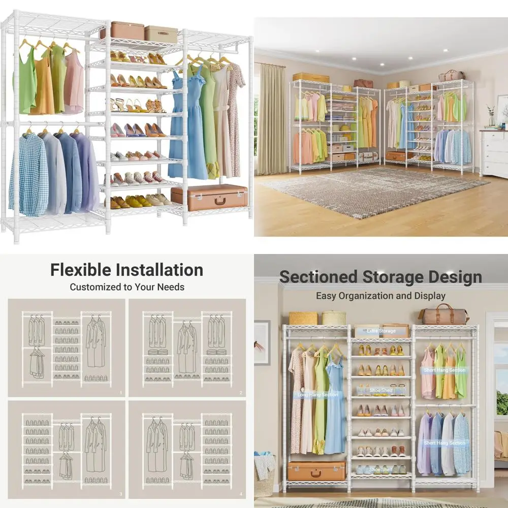 

6-Tier Heavy Duty Freestanding Garment Rack with Shoe Storage, Large Closet Organizer for Hanging Clothes and Wardrobe Space Sav