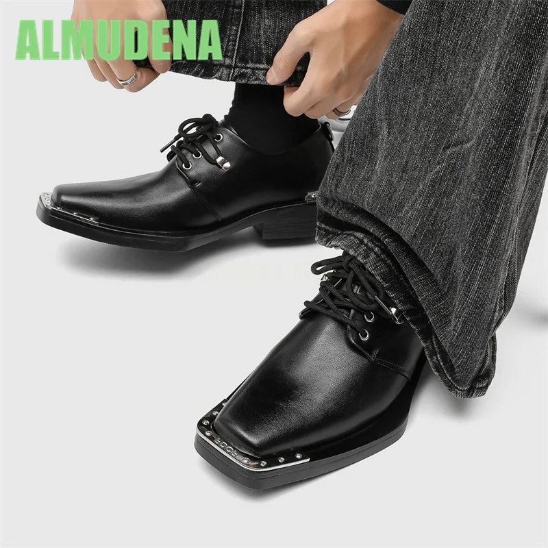 

Metal Upturned Casual Leather Shoes Fashionable Square Toe Thick Sole Simple Lace Up Design Mid Heeled Derby Shoes