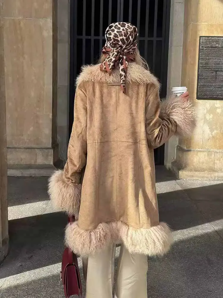 HH femme hiver mode épissage fausse fourrure effet décoration longueur moyenne manteau femme décontracté ample manches longues rue pardessus