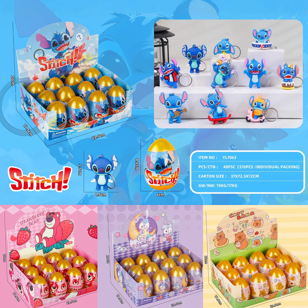 

12pcs Keychain Egg Ball Blind Box Stitch Capybara Doll Blind Egg Mobile Pendant Mystery Box Gift Wholesale