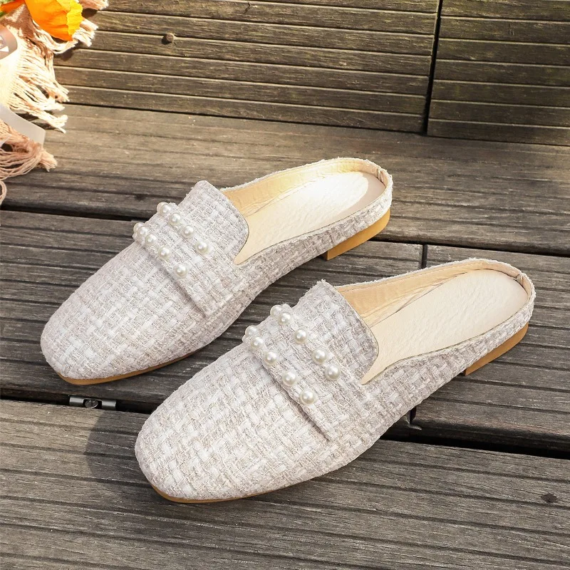 Women's 2026 Summer New Elegant Closed-Toe Slip-On Sandals, Fashionable Beaded Casual Sandals, Comfortable Slip-On Walking Shoes