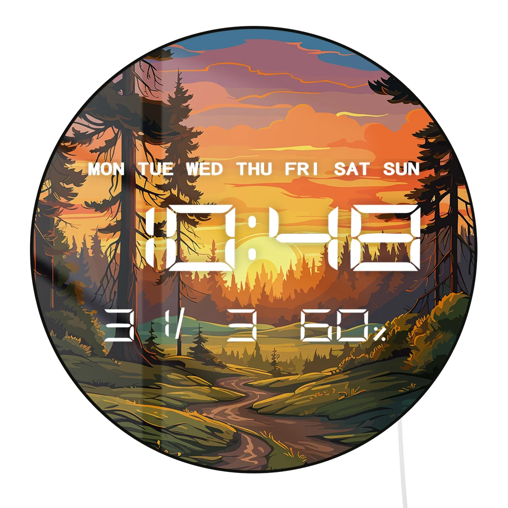 Forest Sunset Dual Purpose Digital Clock Wall Desk Use with Temperature Humidity Date Calendar Large Display Electric Wall Clock