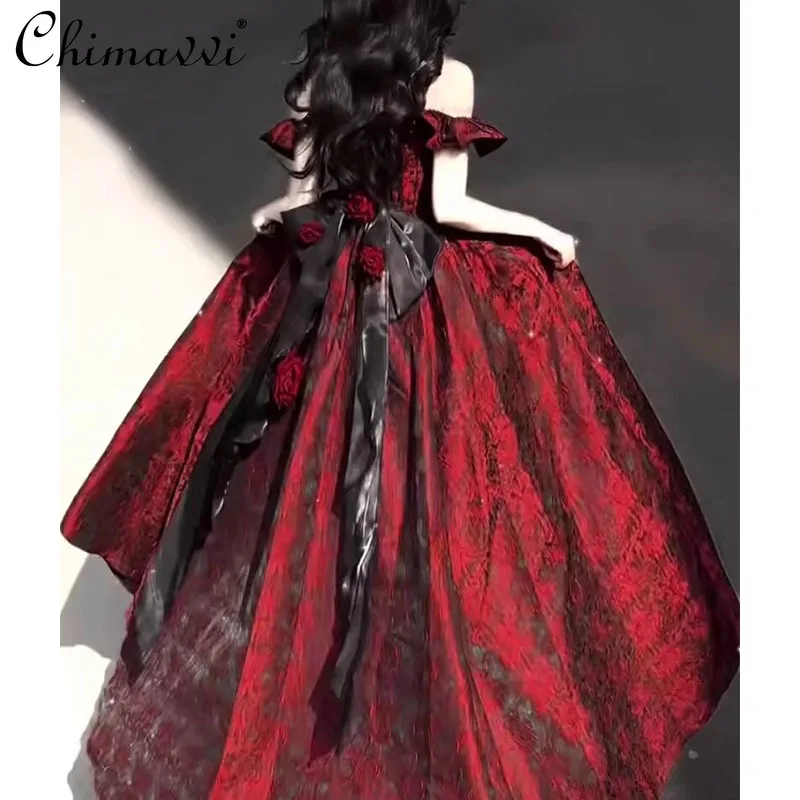 Preto e vermelho lolita flor casamento lindo vestido de aniversário lolita elegante princesa cintura alta elegante festa vestido longo feminino