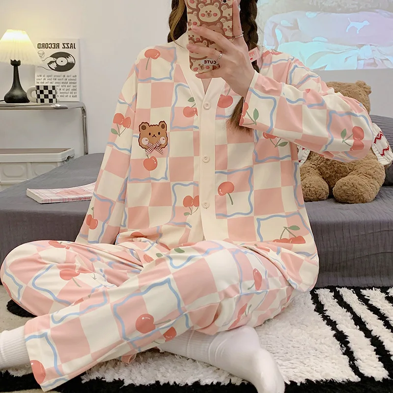 

Plus Size Autumn and Winter Pajamas Women Tops and Pants Cartoon Bear Casual Nightwear Buttons Cardigan Sleepwear Loungewear