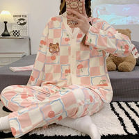 Plus Size Autumn and Winter Pajamas Women Tops and Pants Cartoon Bear Casual Nightwear Buttons Cardigan Sleepwear Loungewear