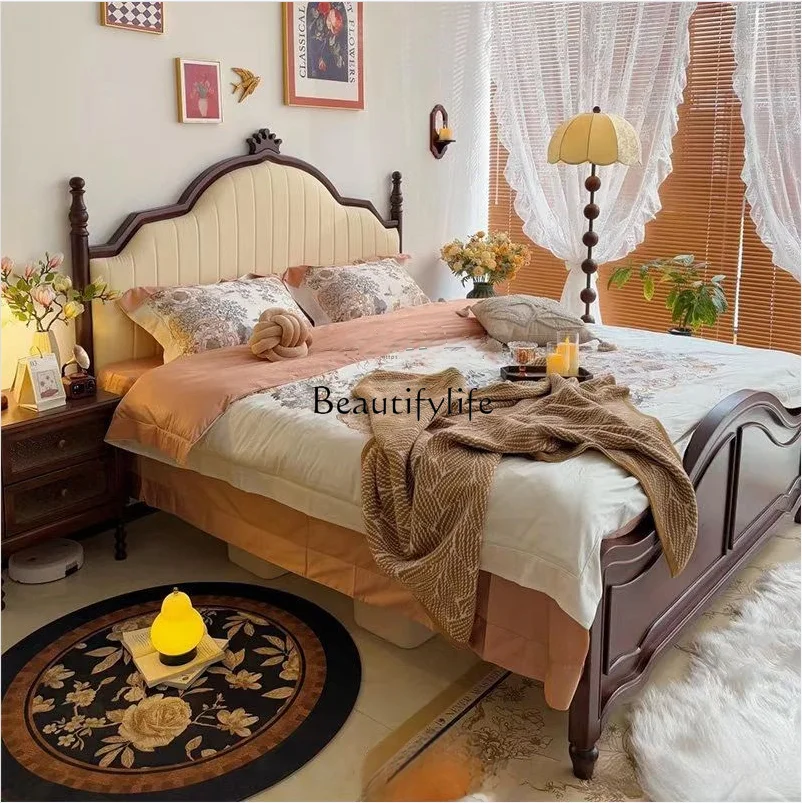 

American solid wood carving flower high-end villa bedroom 1.8 meters soft solid wood bed walnut
