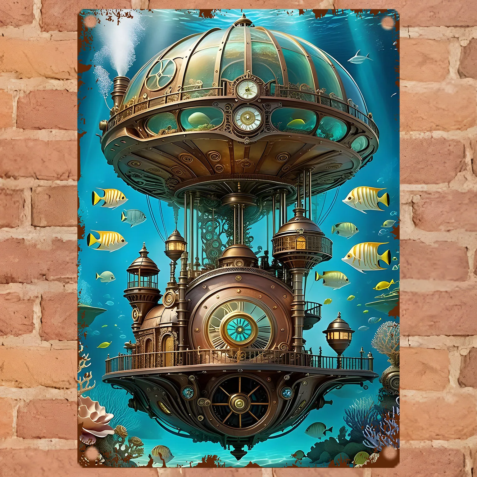 Steampunk Airship Metal Wall Sign with Gear & Hull Pattern, Rectangular Vintage Iron Plaque for Home, Office, Game Room & Man Ca