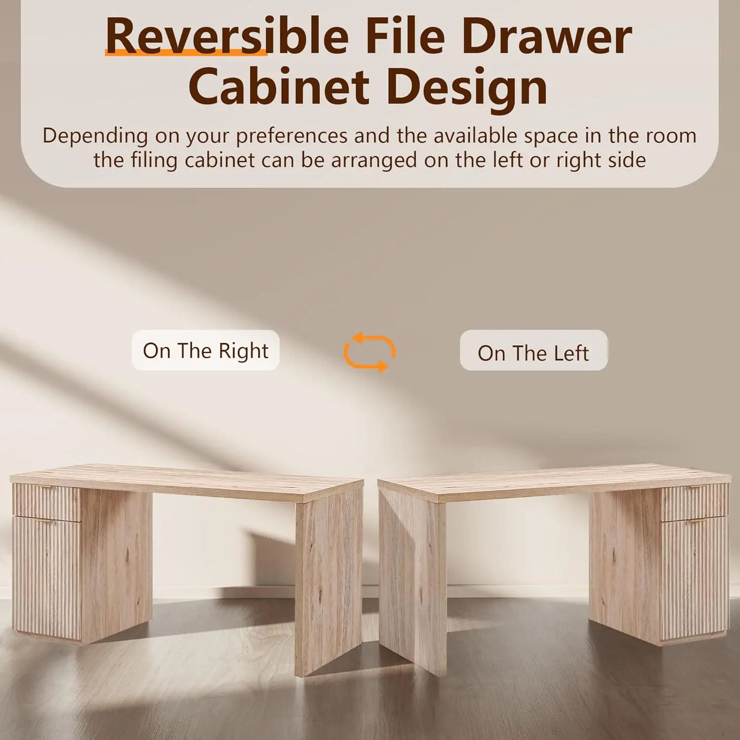 60" Modern Executive Desk with Storage, Wood Home Office Desk with Drawer & Cabinet, Fluted Computer Writing Desk for Study