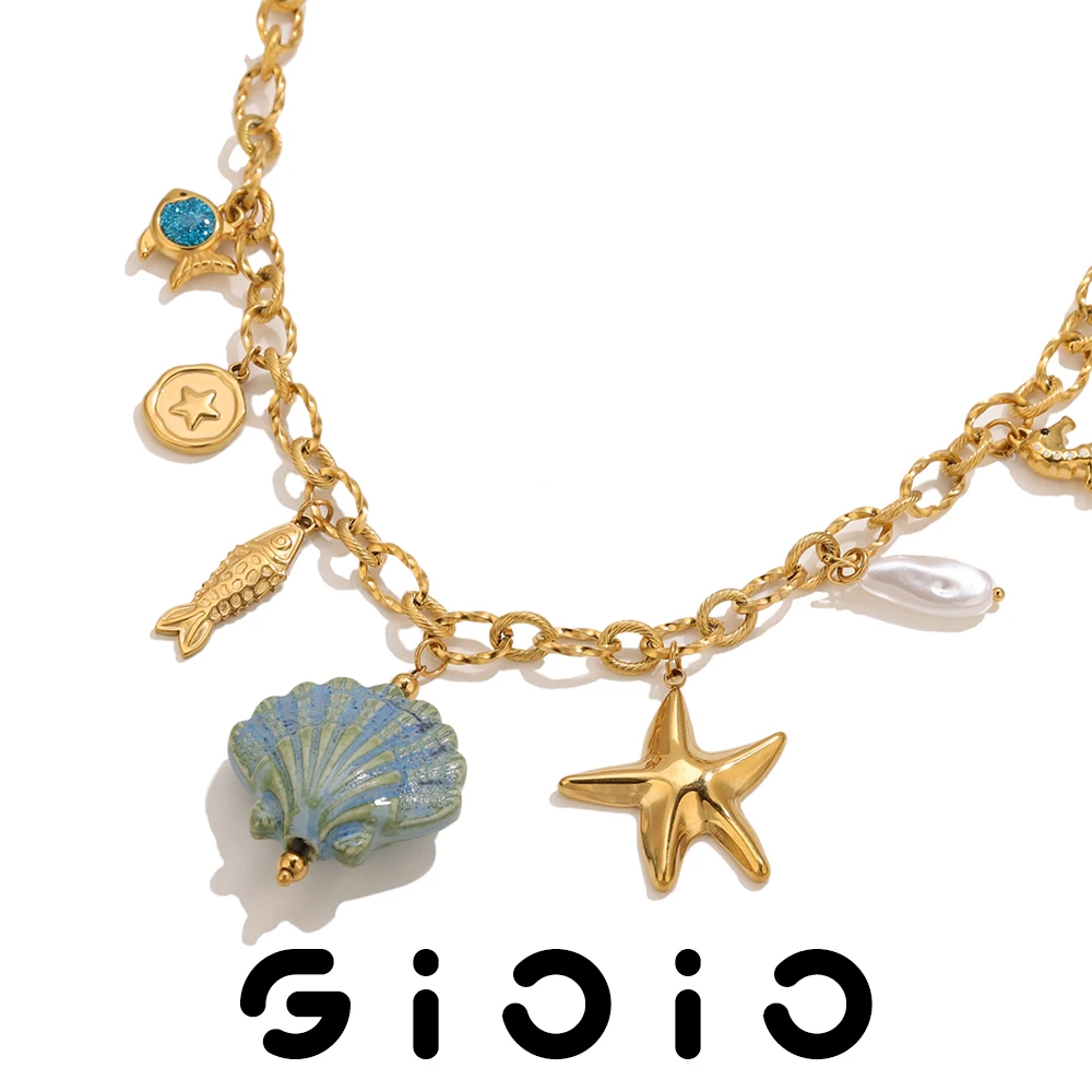 

GIOIO Fashionable Ocean Style Ceramic Pendant Necklace Stainless Steel Gold-Plated Necklace Women's Trendy Beach Waterproof Gift
