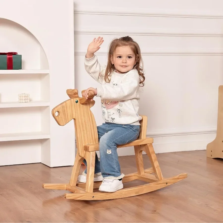 Cavallo a dondolo in legno per bambini Ride On Toy Rocker per bambini Renna a dondolo con schienale Ideale per compleanno, Natale, regalo di compleanno