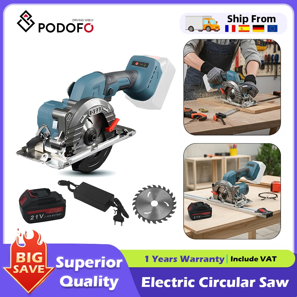 Sierra Circular Inalámbrica Podofo de 5 Pulgadas, 11000 RPM, Herramienta de Corte de Madera Ajustable, Sierra de Mano para Trabajar la Madera, Compatible con Batería Makita