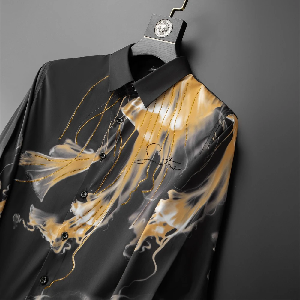 Luxury Art Printed Long Sleeve Shirt for Men Brand Rhinestone Casual Business Dress Shirts Slim Fit Party Tuxedo Streetwear Tops