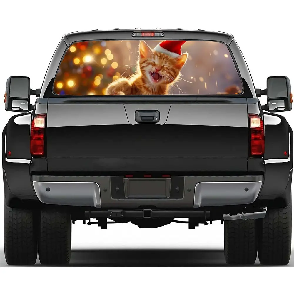 

Cheerful Cat w Christmas Hats Car Rear Windshield Sticker Truck Window See Through Perforated Back Window Vinyl Decal Decoration