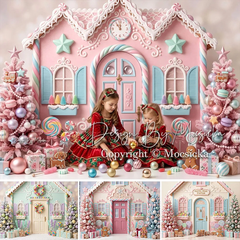 Mocsicka Backdrop Photography Christmas Candy Cane House Cookie Pink Sweet Wreath Background Winter Kids Holiday Studio Photo