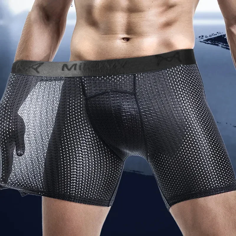 

Men's Sports Underwear Long Anti-abrasion Short Pants Ice Silk Mesh Cut Out Breathable Quick Drying Elasticity Boxers Summer