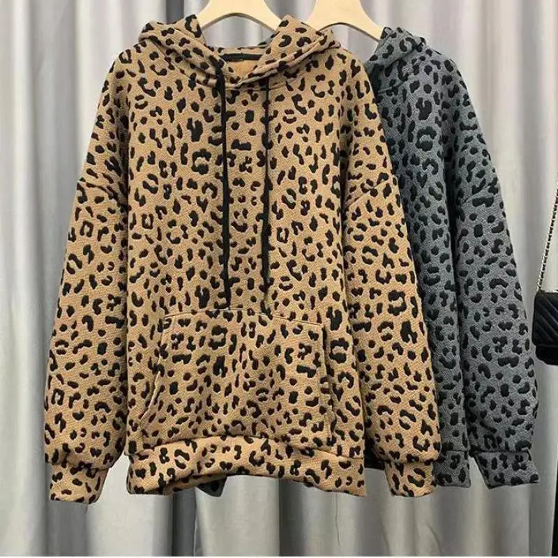 Euro-us Leopard Animal Pattern Women\'s Hoodie Street Fashion Female Thick Style Plush Sweatshirt Loose Grey Mid-length Pullover