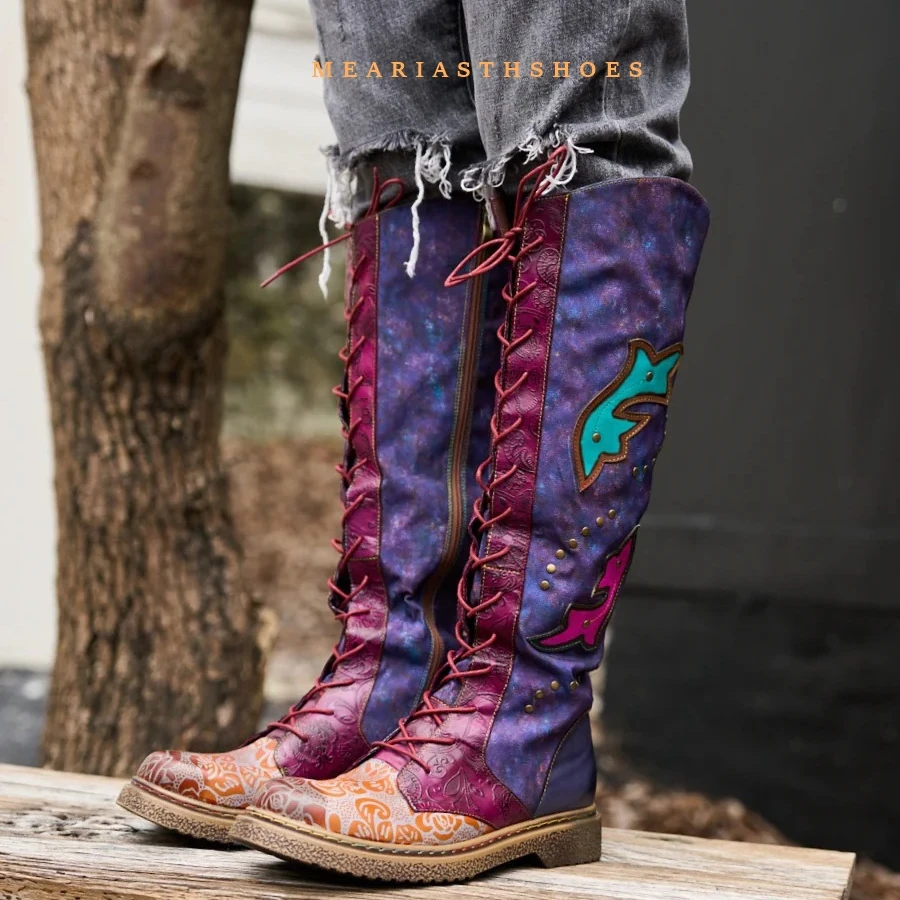 

Women Ladies Genuine Leather 6CM Female Shoes Knee-High Boots Printed Colorful Splicing Lace Up Winter Autumn Motorcycle Boots